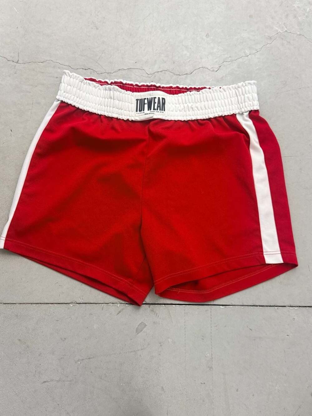Vintage 70s 80s Tuf-Wear Boxing Trunks Red White Side Stripe Made in USA XL